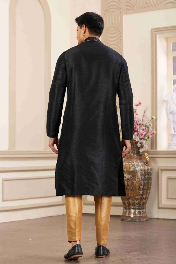 Raivat Ethnic Banarasi Art Silk Hand Work Kurta Pajama In Black Colour