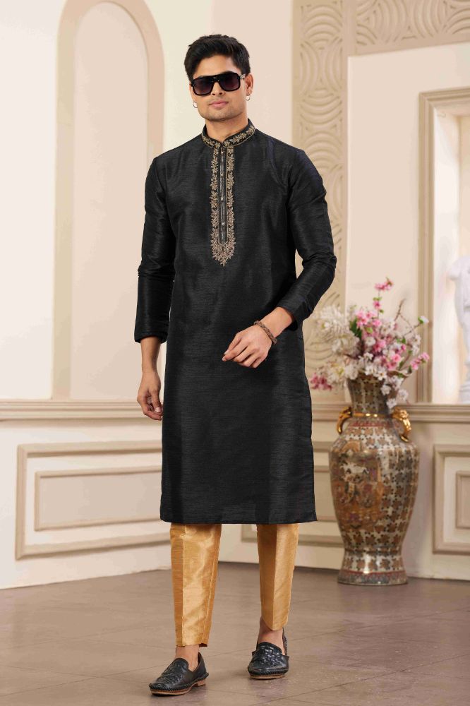 Raivat Ethnic Banarasi Art Silk Hand Work Kurta Pajama In Black Colour