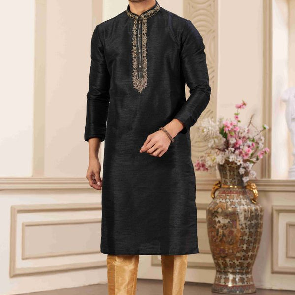 Raivat Ethnic Banarasi Art Silk Hand Work Kurta Pajama In Black Colour