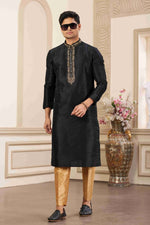 Thumbnail for Raivat Ethnic Banarasi Art Silk Hand Work Kurta Pajama In Black Colour