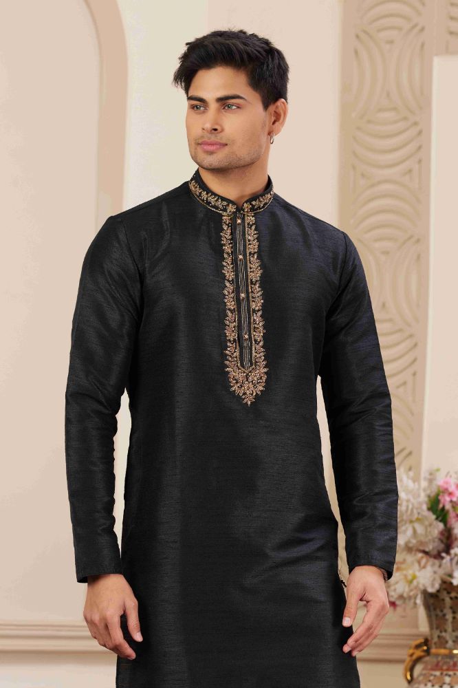 Raivat Ethnic Banarasi Art Silk Hand Work Kurta Pajama In Black Colour