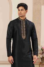 Thumbnail for Raivat Ethnic Banarasi Art Silk Hand Work Kurta Pajama In Black Colour