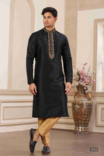 Thumbnail for Raivat Ethnic Banarasi Art Silk Hand Work Kurta Pajama In Black Colour