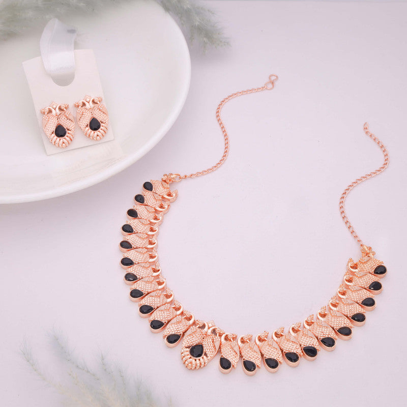 Tehzeeb Creations Rose Gold Black Colour Necklace With Pair Of Earrings - Distacart