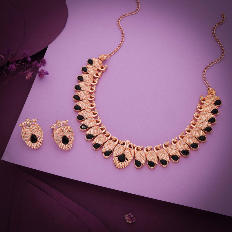 Tehzeeb Creations Rose Gold Black Colour Necklace With Pair Of Earrings - Distacart