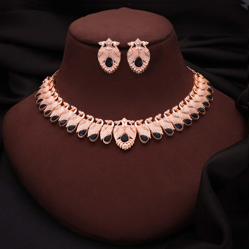 Tehzeeb Creations Rose Gold Black Colour Necklace With Pair Of Earrings - Distacart