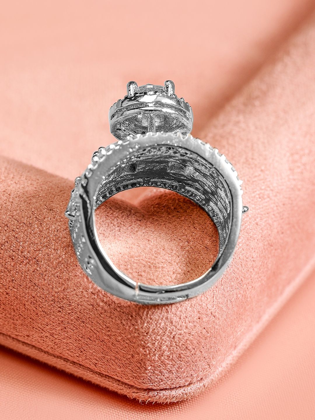 Rubans Women Rhodium Plated Cubic Zirconia Studded Adjustable Finger Ring - Distacart