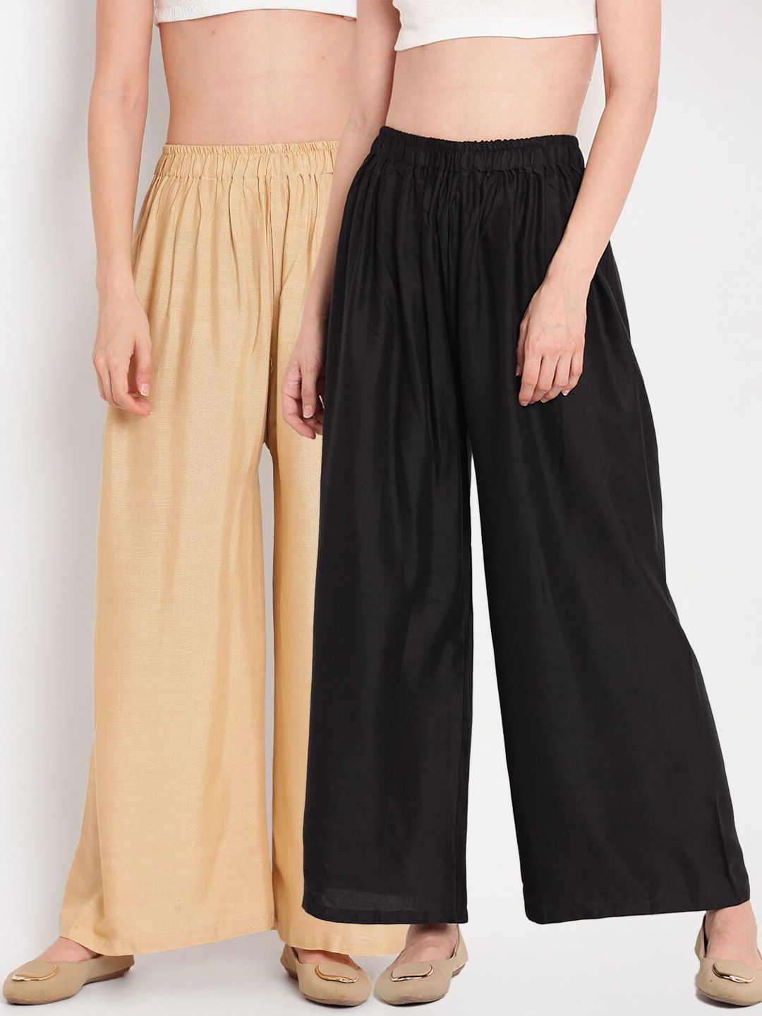 TAG 7 Women Black & Beige Set of 2 Flared Ethnic Palazzos - Distacart