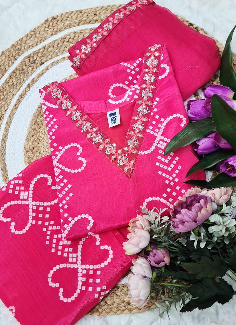 Vellora Chinon Silk Pink Festival Wear Embroidery Work Readymade Kurti Set