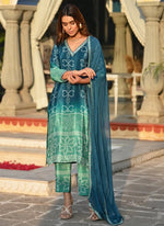 Thumbnail for Vellora Chinon Silk Blue Festival Wear Embroidery Work Readymade Kurti Set