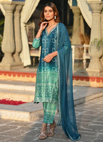 Thumbnail for Vellora Chinon Silk Blue Festival Wear Embroidery Work Readymade Kurti Set