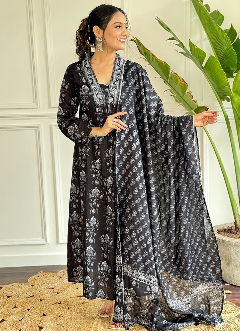 Vellora Cotton Black Casual Wear Printed Readymade Anarkali Suit
