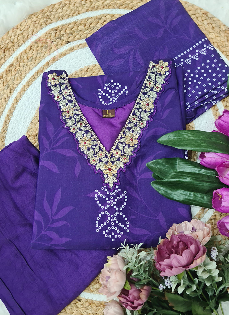 Vellora Crepe Purple Daily Wear Embroidery Work Readymade Straight Suit