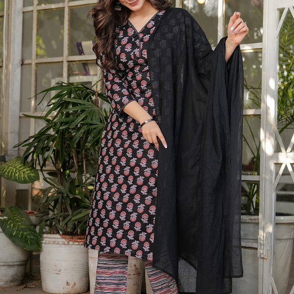 Vellora Cotton Black Daily Wear Printed Readymade Suit - Distacart
