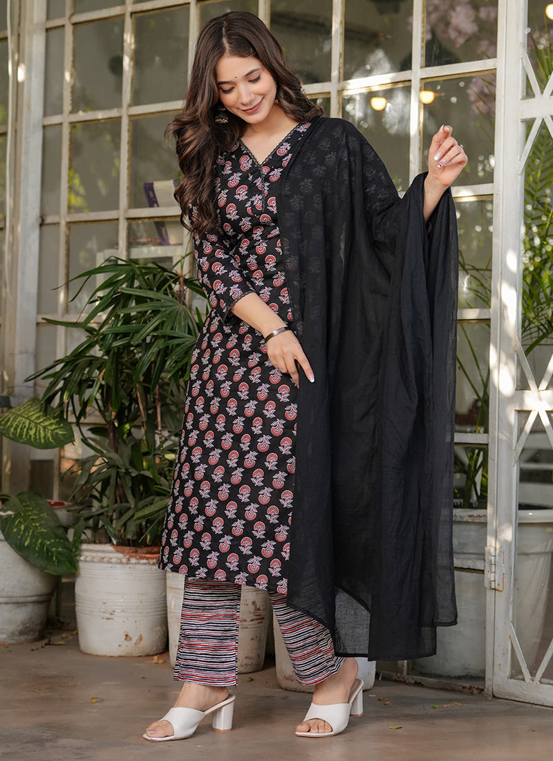 Vellora Cotton Black Daily Wear Printed Readymade Suit