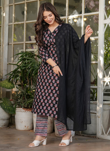 Vellora Cotton Black Daily Wear Printed Readymade Suit