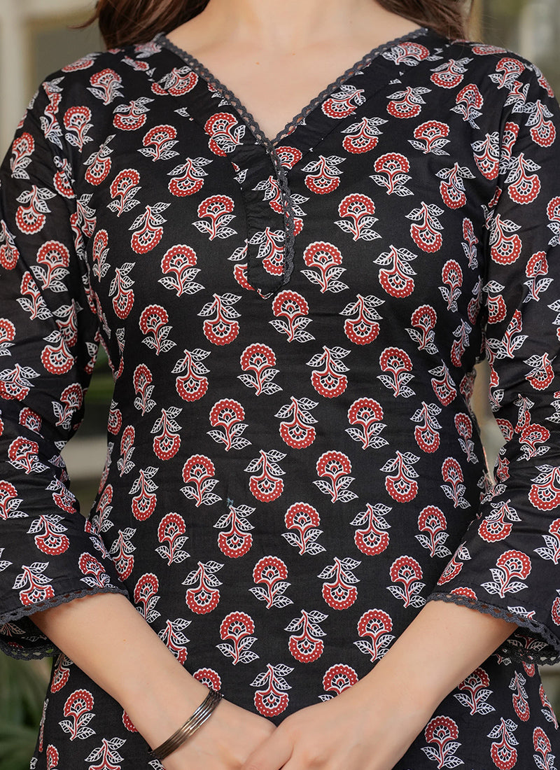 Vellora Cotton Black Daily Wear Printed Readymade Suit
