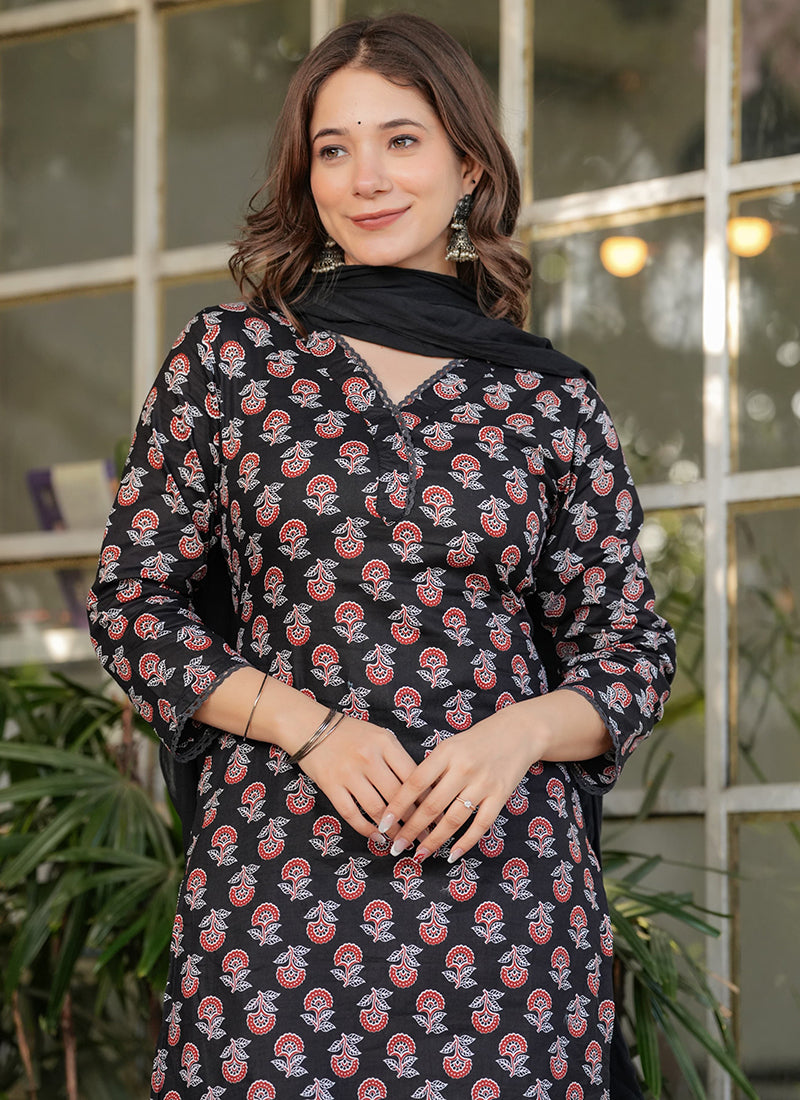 Vellora Cotton Black Daily Wear Printed Readymade Suit