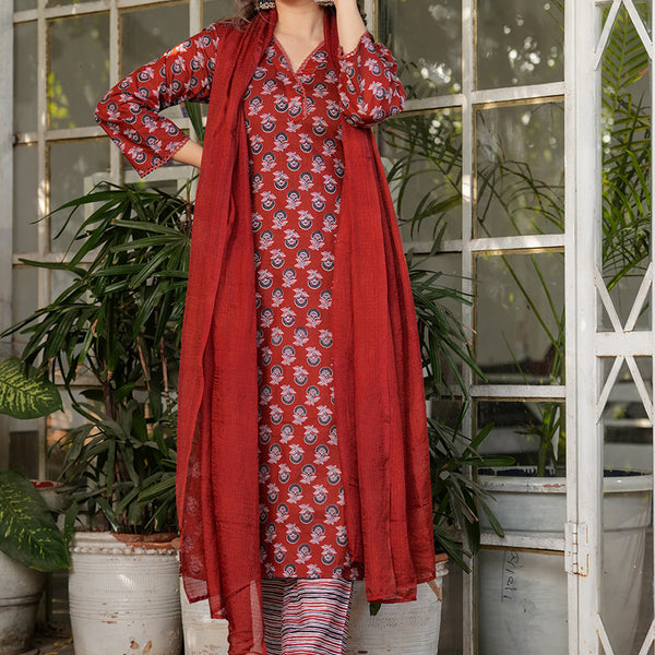 Vellora Cotton Red Daily Wear Printed Readymade Suit - Distacart