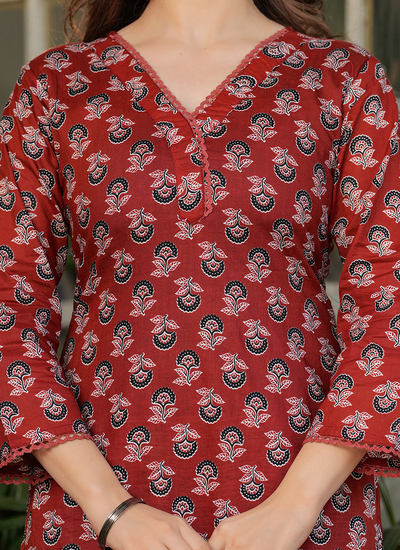 Vellora Cotton Red Daily Wear Printed Readymade Suit