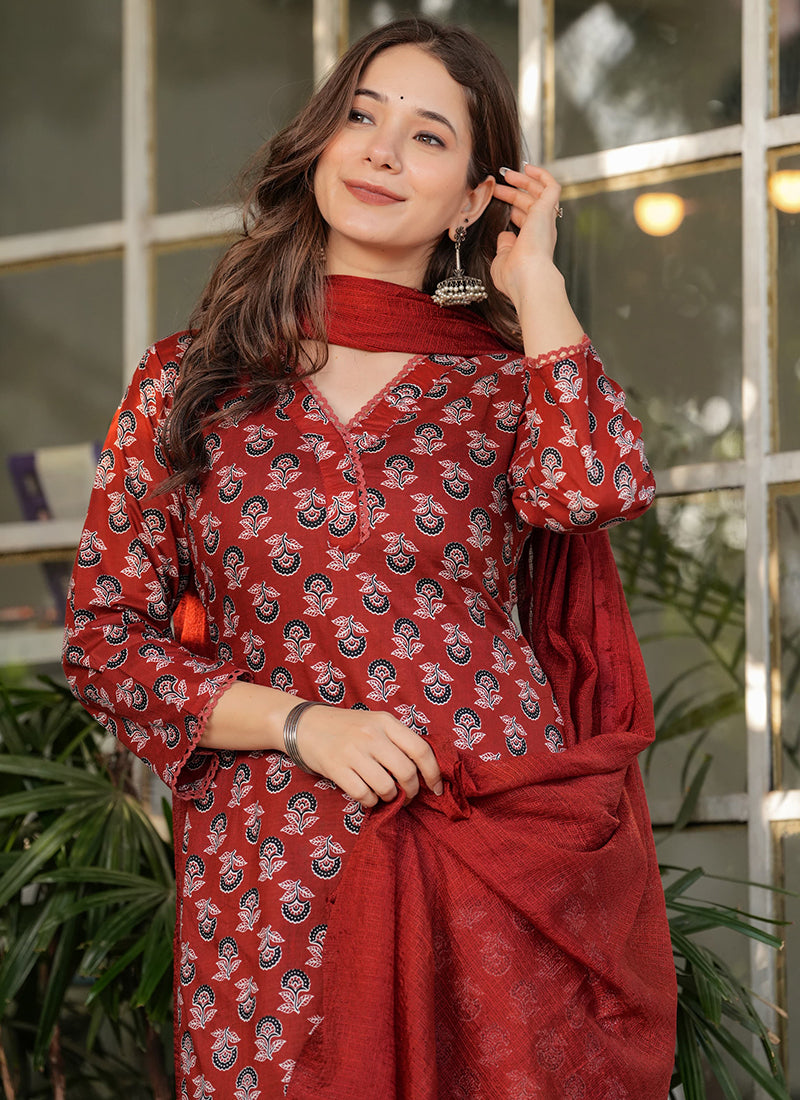 Vellora Cotton Red Daily Wear Printed Readymade Suit