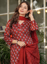 Thumbnail for Vellora Cotton Red Daily Wear Printed Readymade Suit