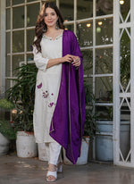 Thumbnail for Vellora Viscose Rayon White Daily Wear Embroidery Work Readymade Straight Suit