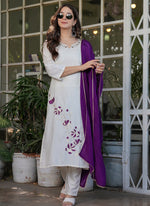 Thumbnail for Vellora Viscose Rayon White Daily Wear Embroidery Work Readymade Straight Suit