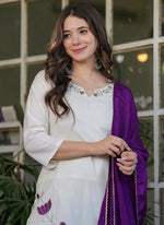 Thumbnail for Vellora Viscose Rayon White Daily Wear Embroidery Work Readymade Straight Suit