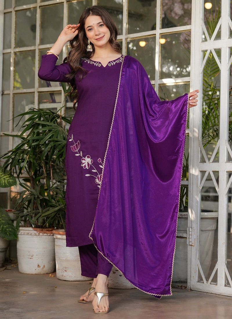 Vellora Viscose Rayon Purple Daily Wear Embroidery Work Readymade Straight Suit