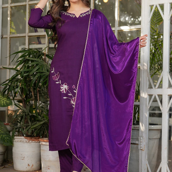 Vellora Viscose Rayon Purple Daily Wear Embroidery Work Readymade Straight Suit - Distacart