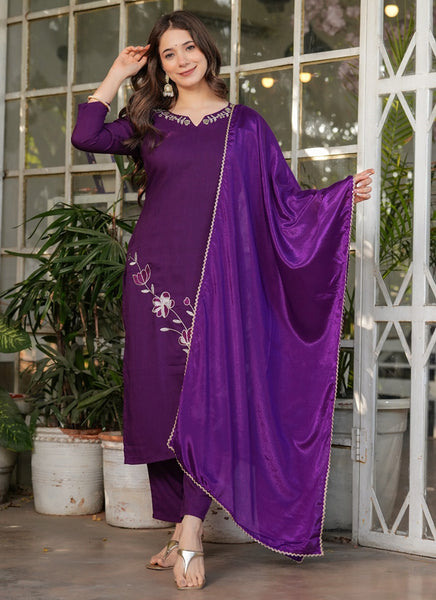 Vellora Viscose Rayon Purple Daily Wear Embroidery Work Readymade Straight Suit