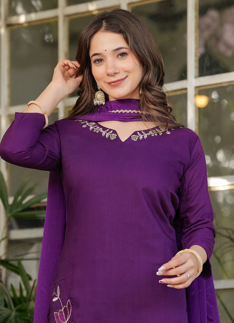 Vellora Viscose Rayon Purple Daily Wear Embroidery Work Readymade Straight Suit