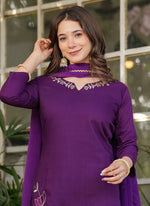 Thumbnail for Vellora Viscose Rayon Purple Daily Wear Embroidery Work Readymade Straight Suit