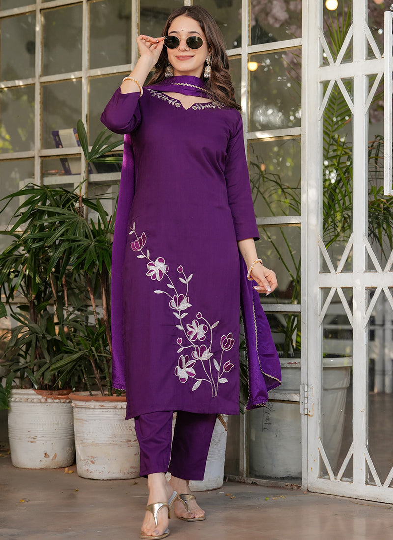 Vellora Viscose Rayon Purple Daily Wear Embroidery Work Readymade Straight Suit