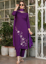 Thumbnail for Vellora Viscose Rayon Purple Daily Wear Embroidery Work Readymade Straight Suit