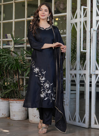 Vellora Viscose Rayon Black Daily Wear Embroidery Work Readymade Straight Suit