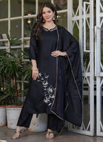 Thumbnail for Vellora Viscose Rayon Black Daily Wear Embroidery Work Readymade Straight Suit