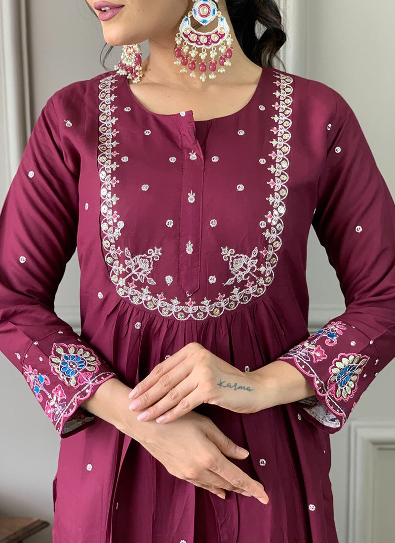 Vellora Viscose Chanderi Wine Daily Wear Embroidery Work Readymade Straight Suit