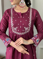 Thumbnail for Vellora Viscose Chanderi Wine Daily Wear Embroidery Work Readymade Straight Suit