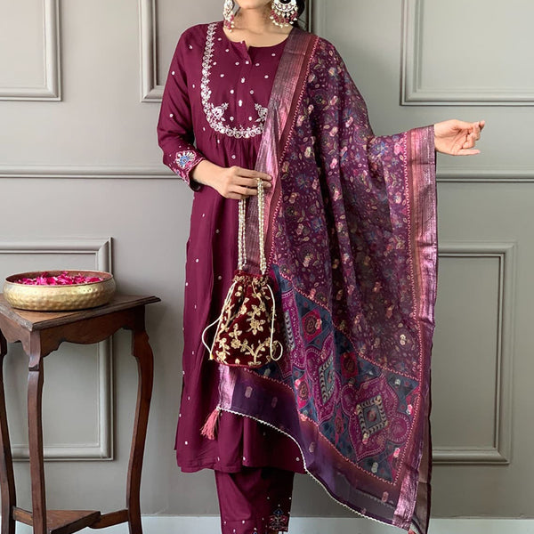Vellora Viscose Chanderi Wine Daily Wear Embroidery Work Readymade Straight Suit - Distacart