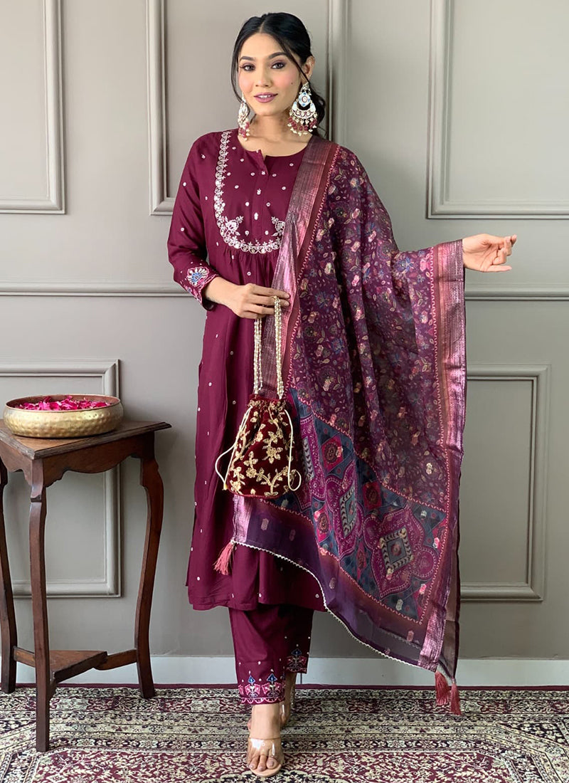 Vellora Viscose Chanderi Wine Daily Wear Embroidery Work Readymade Straight Suit