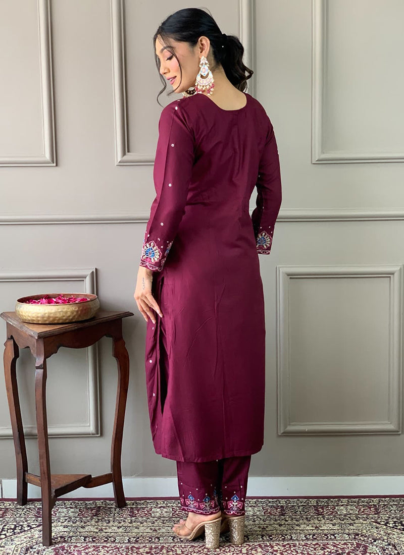 Vellora Viscose Chanderi Wine Daily Wear Embroidery Work Readymade Straight Suit