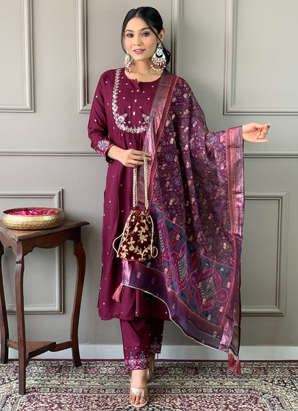 Vellora Viscose Chanderi Wine Daily Wear Embroidery Work Readymade Straight Suit