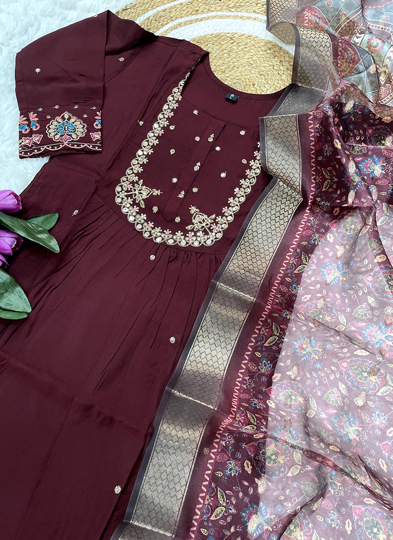 Vellora Viscose Chanderi Wine Daily Wear Embroidery Work Readymade Straight Suit