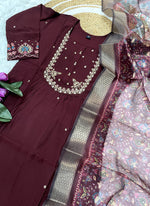 Thumbnail for Vellora Viscose Chanderi Wine Daily Wear Embroidery Work Readymade Straight Suit