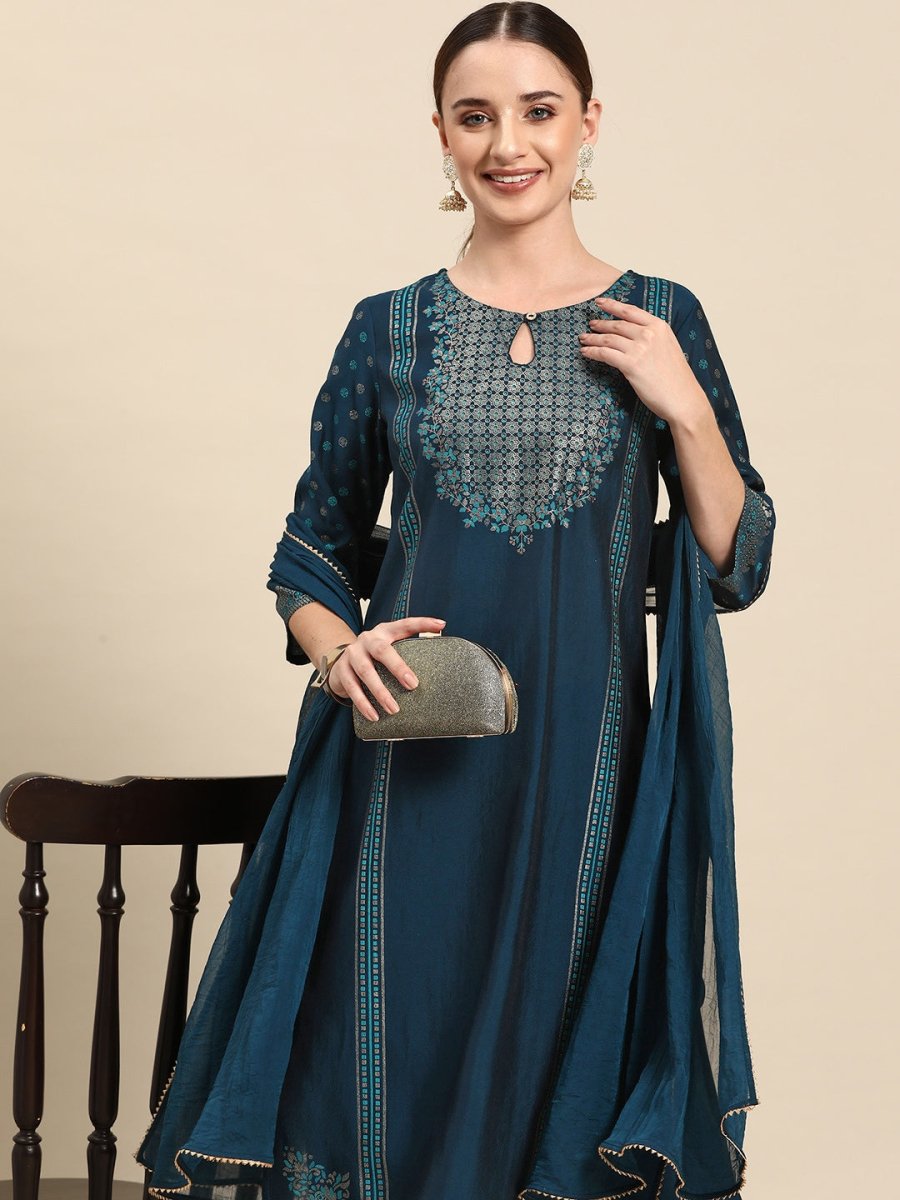 Anouk Ethnic Motifs Foil Printed Regular Kurta with Trousers & Dupatta - Distacart