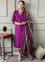 Thumbnail for Vellora Viscose Chanderi Magenta Casual Wear Embroidery Work Readymade Suit