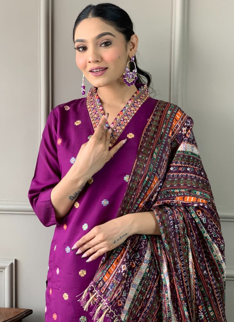 Vellora Viscose Chanderi Magenta Casual Wear Embroidery Work Readymade Suit