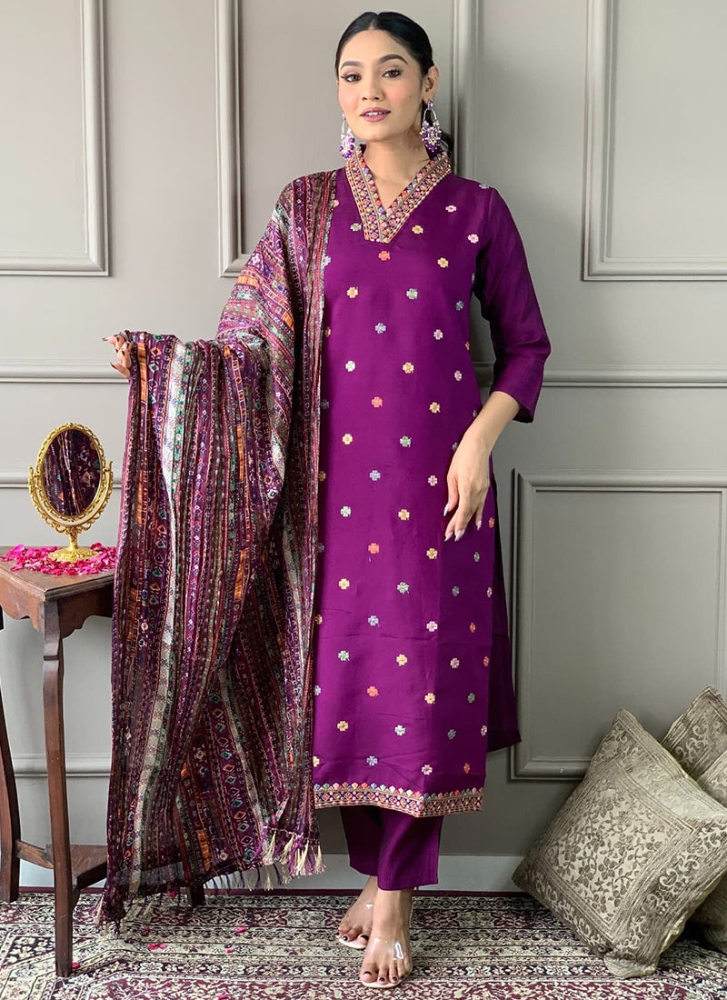 Vellora Viscose Chanderi Magenta Casual Wear Embroidery Work Readymade Suit